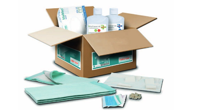Ein Paket welches Mundschutz, Desinfektionsmittel, Einmalhandschuhe, saugende Bettschutzeinlagen und Schutzschüren beinhaltet. 